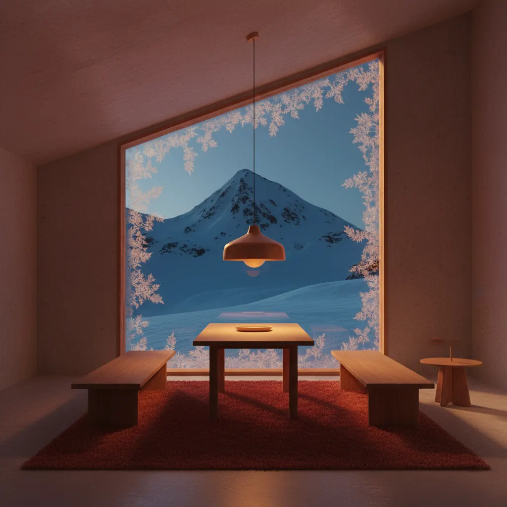 A minimalist alpine cabin interior with warm lighting and frosted windows overlooking peaks