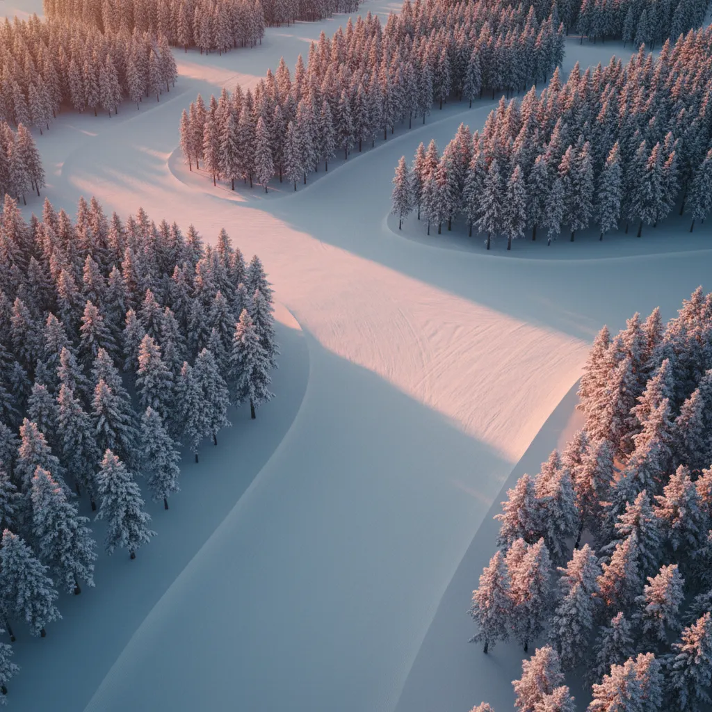 Groomed ski runs curving through a dense forest at a European mountain resort