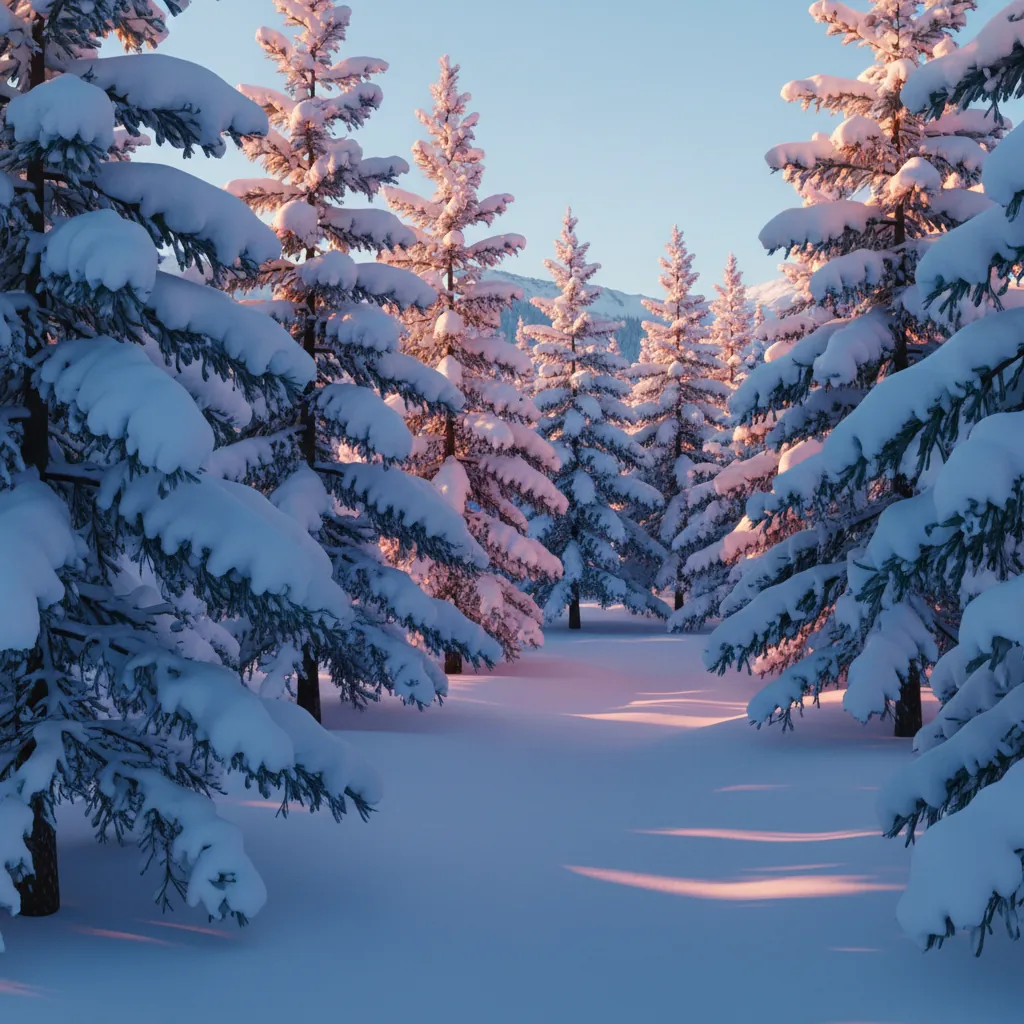 Freshly fallen snow resting on the branches of a fir tree in an alpine forest clearing