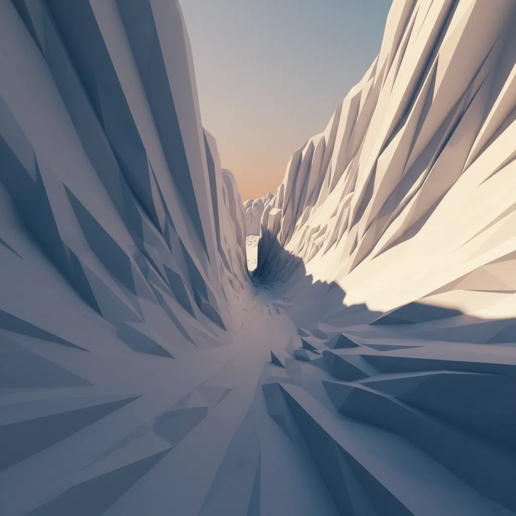 A vertiginous view down a steep couloir with blue shadow and bright snow contrasting sharply