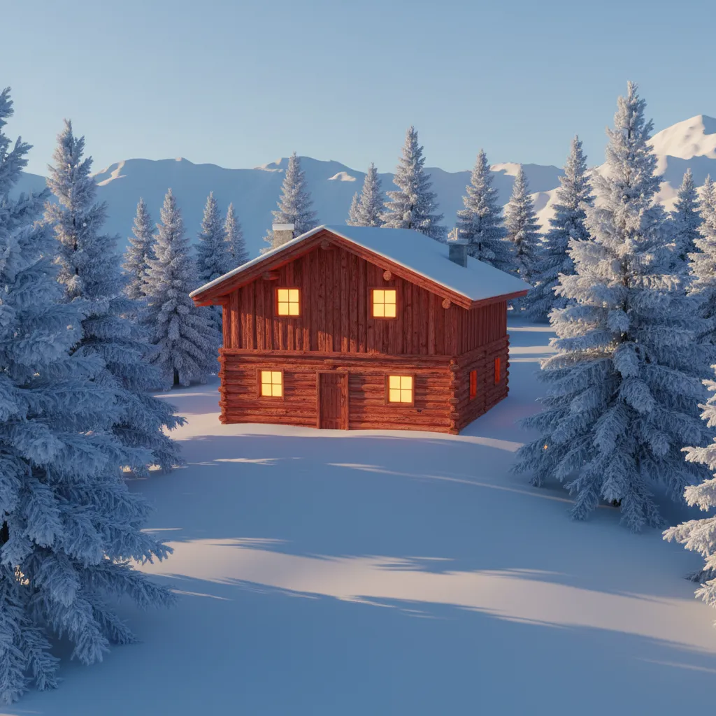 A timber-clad alpine lodge nestled between frosted pine trees at high altitude