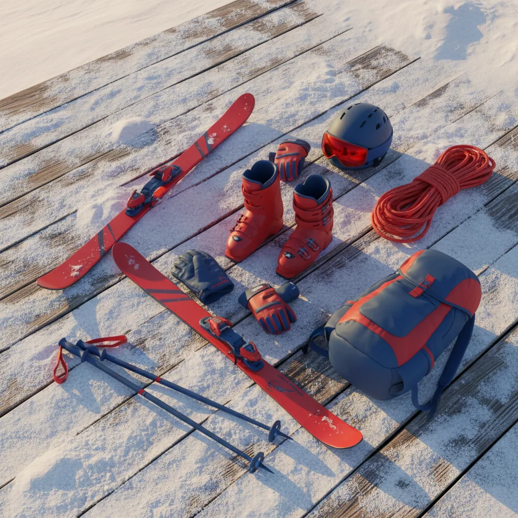 Close detail of ski equipment laid neatly on a snowy wooden deck at a mountain resort