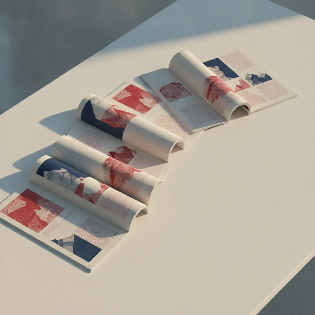 A neat arrangement of printed alpine magazine spreads on a light editorial desk surface