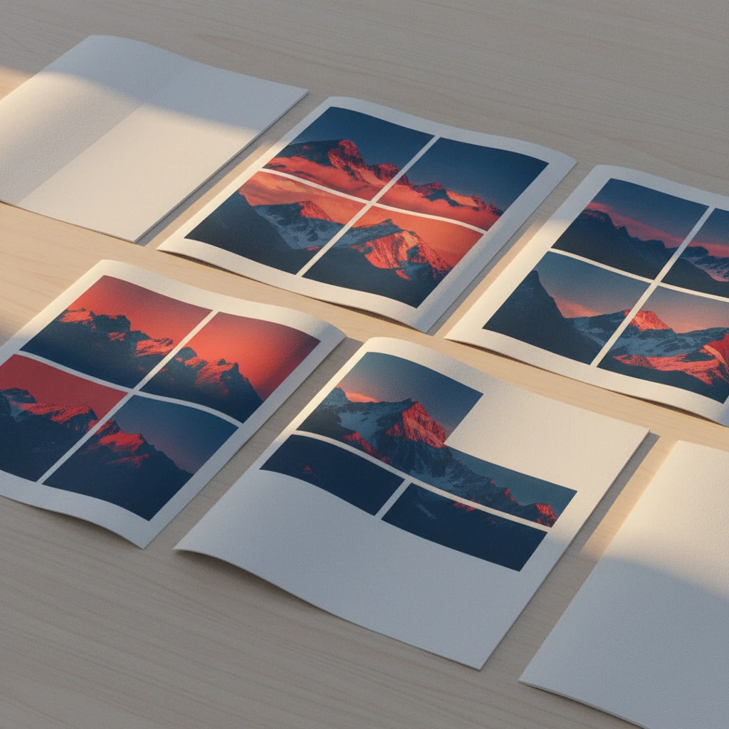 A clean editorial workspace with printed mountain photography layouts spread across a wide desk