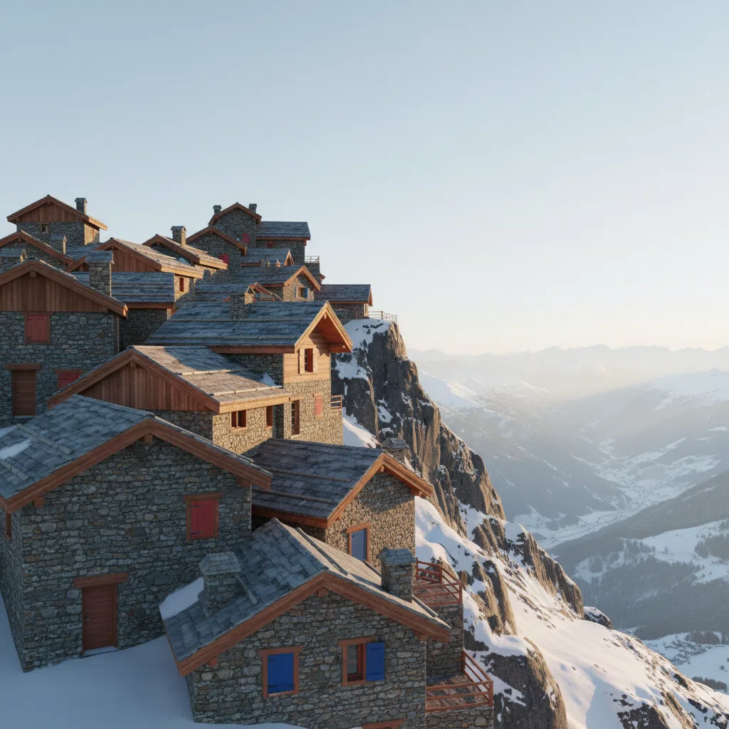 The high-altitude stone buildings of Val Thorens village under a pale winter sky with the Belleville valley visible below